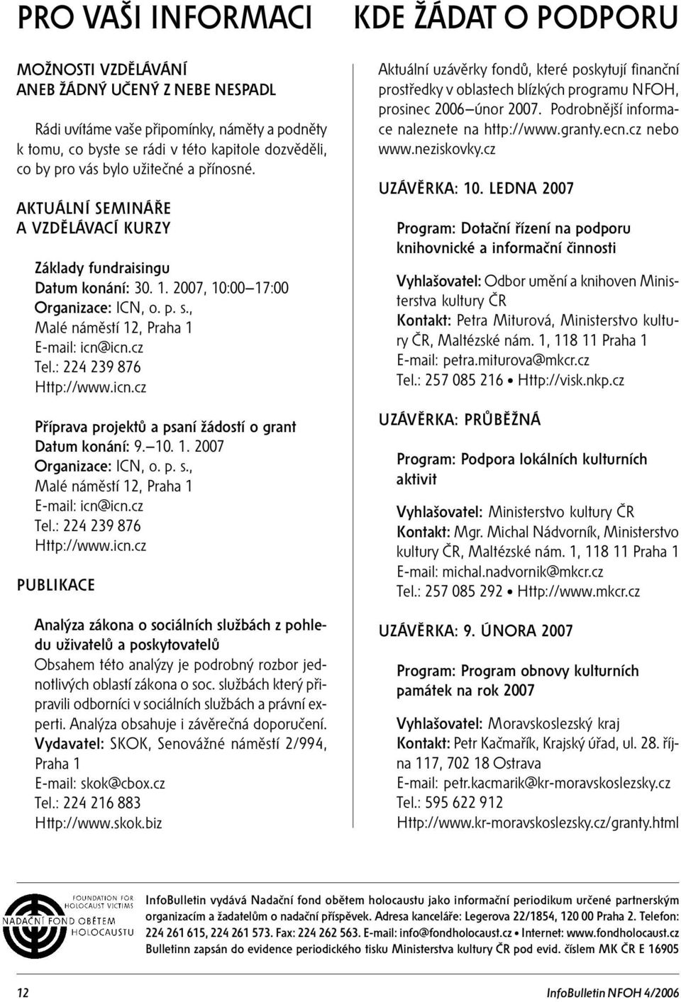 : 224 239 876 Http://www.icn.cz Příprava projektů a psaní žádostí o grant Datum konání: 9. 10. 1. 2007 Organizace: ICN, o. p. s., Malé náměstí 12, Praha 1 E-mail: icn@icn.cz Tel.