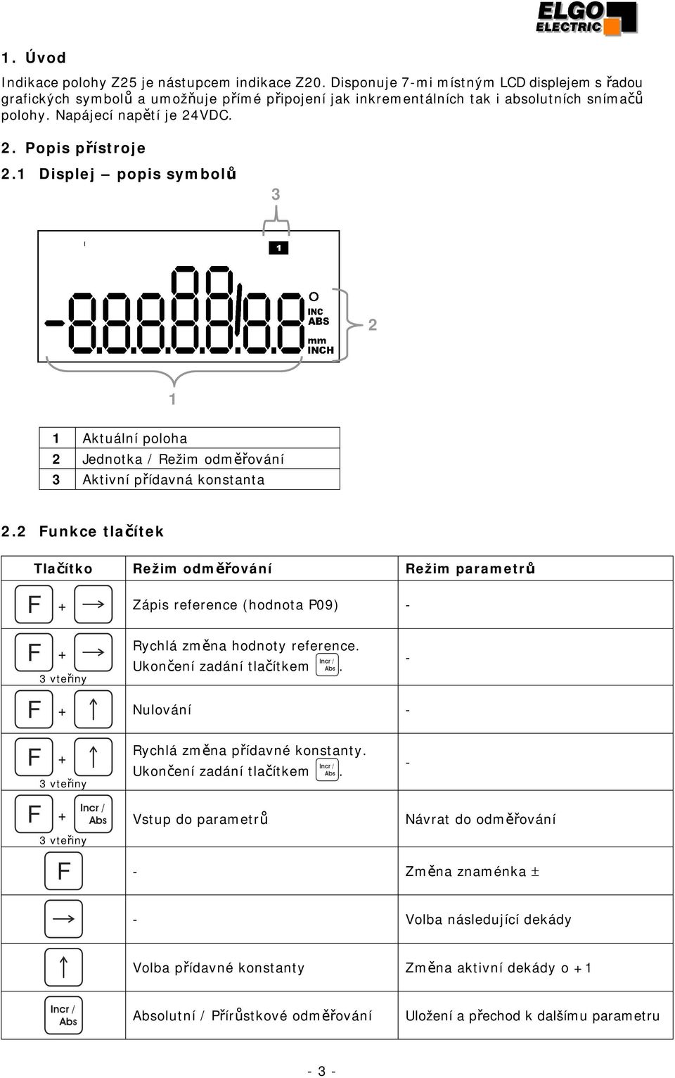 2 Funkce tlačítek Tlačítko Režim odměřování Režim parametrů Zápis reference (hodnota P9) - Rychlá změna hodnoty reference. Ukončení zadání tlačítkem. - Nulování - Rychlá změna přídavné konstanty.