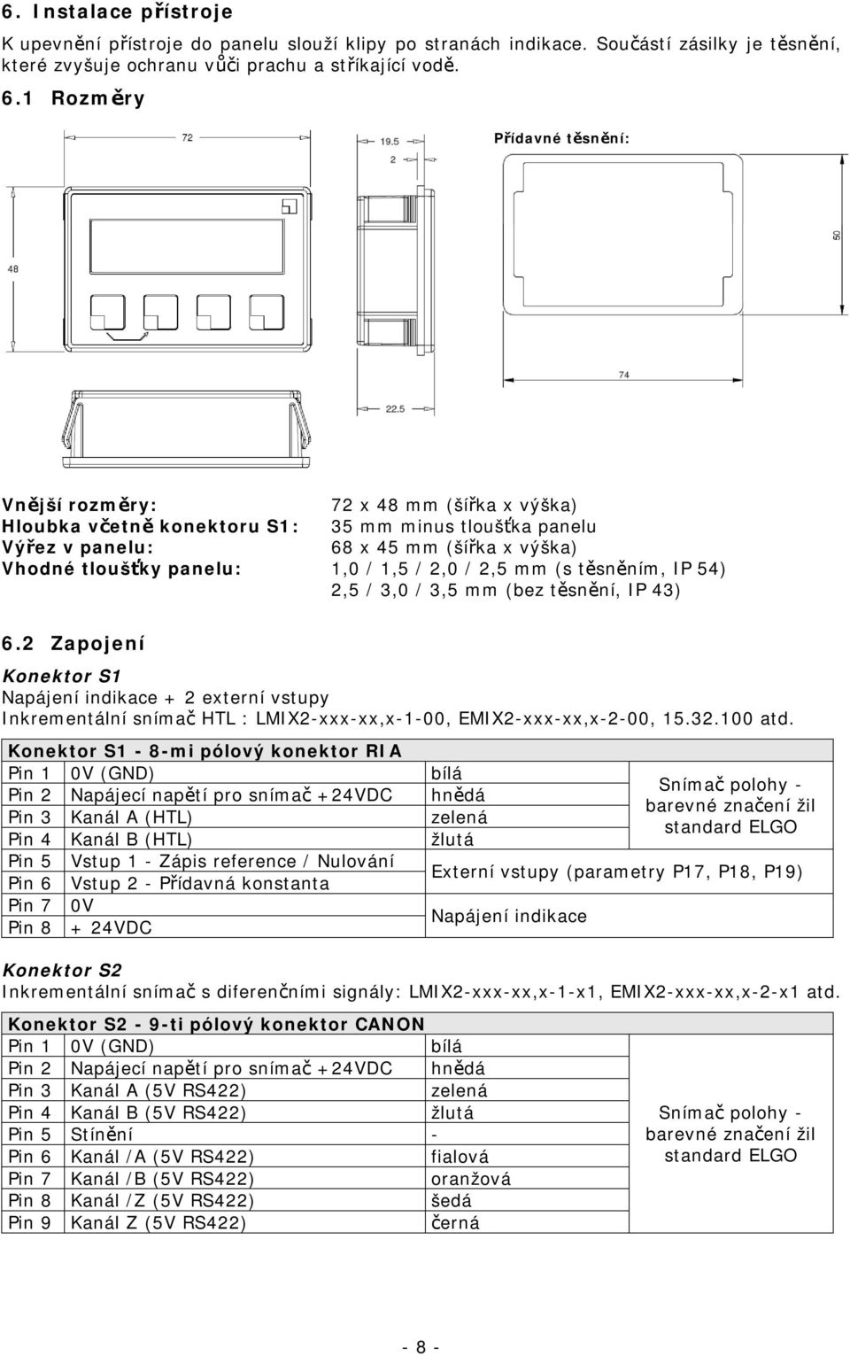 1,5 / 2, / 2,5 mm (s těsněním, IP 54) 2,5 / 3, / 3,5 mm (bez těsnění, IP 43) 6.