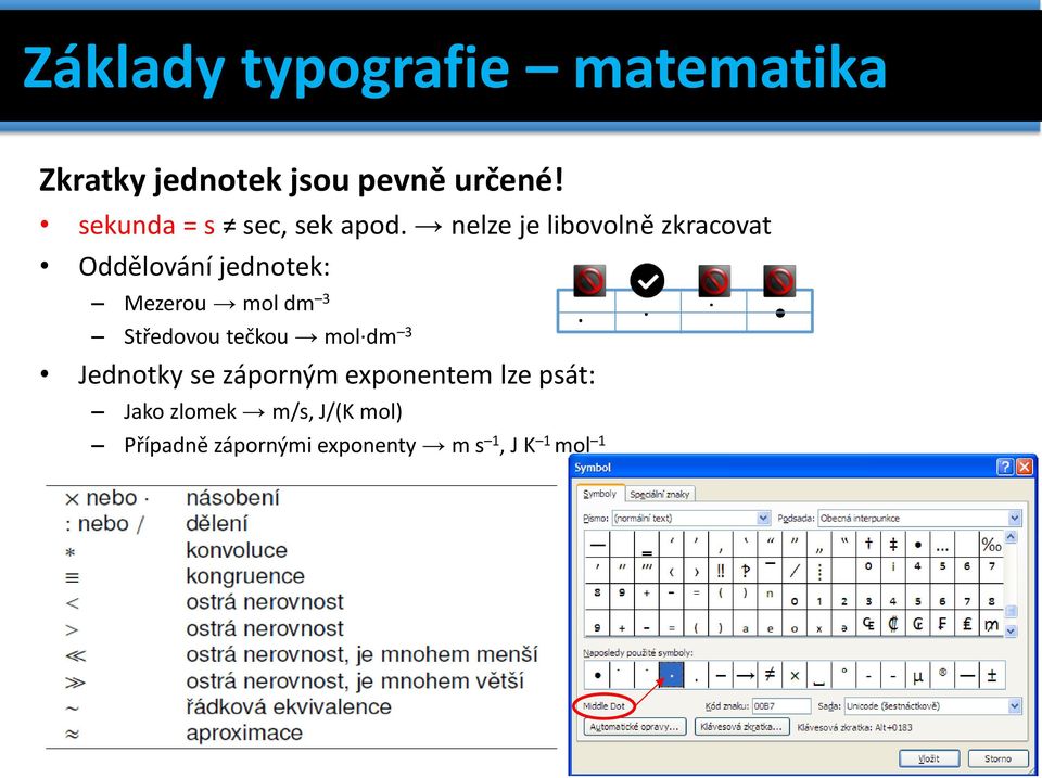 nelze je libovolně zkracovat Oddělování jednotek: Mezerou mol dm 3.