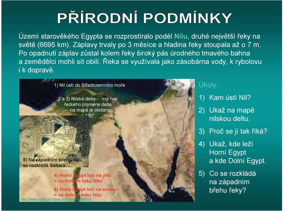 5) Na západním behu Nilu se rozkládá Sahara 1) Nil ústí do Stedozemního moe 2 a 3) Nilská delta - má tvar eckého písmene delta na map je otoeno o 180 4) Horní Egypt leží na jihu = na horním