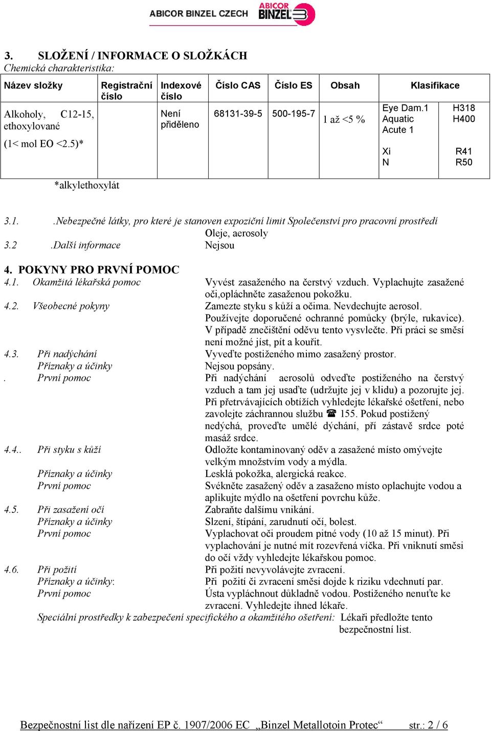 1-39-5 500-195-7 1 až <5 % Eye Dam.1 Aquatic Acute 1 Xi N H318 H400 R41 R50 3.1..Nebezpečné látky, pro které je stanoven expoziční limit Společenství pro pracovní prostředí Oleje, aerosoly 3.2.