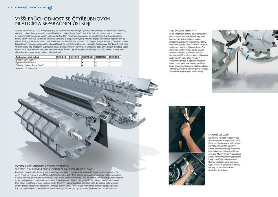 Díky rotačnímu separátoru ve standardní výbavě a odmítacímu bubnu Straw Flow TM je výkonnost mlátičky obrovská a stroj i za vlhkých podmínek zajišťuje dokonalé oddělení zrn od slámy.