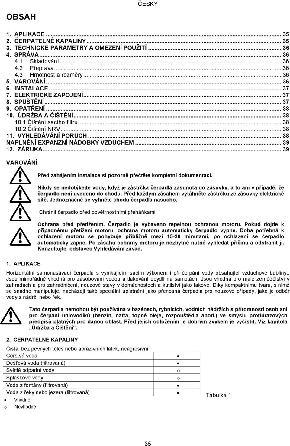 VYHLEDÁVÁNÍ PORUCH... 38 NAPLNĚNÍ EXPANZNÍ NÁDOBKY VZDUCHEM... 39 12. ZÁRUKA... 39 VAROVÁNÍ Před zahájením instalace si pozorně přečtěte kompletní dokumentaci.