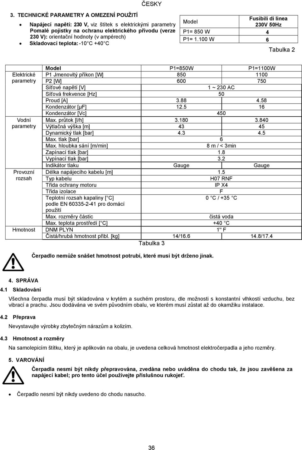 Skladovací teplota: -10 C +40 C Model Fusibili di linea 230V 50Hz P1= 850 W 4 P1= 1.