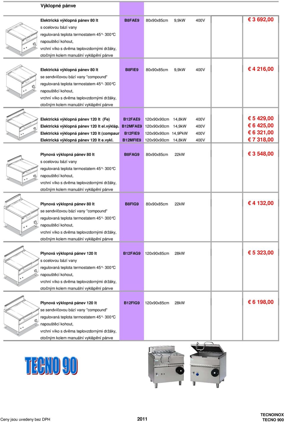 teplovzdornými držáky, otočným kolem manuální vyklápění pánve Elektrická výklopná pánev 120 lt (Fe) B12FAE9 120x90x90cm 14,8kW 400V 5 429,00 Elektrická výklopná pánev 120 lt el.výkláp.