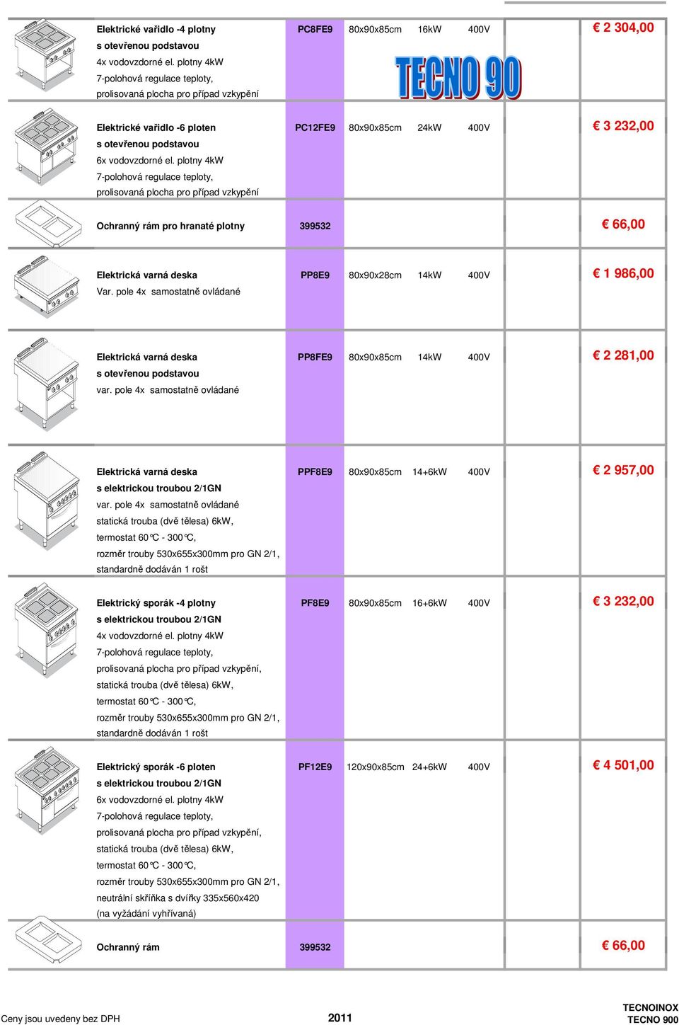 plotny 4kW 7-polohová regulace teploty, Ochranný rám pro hranaté plotny 399532 66,00 Elektrická varná deska PP8E9 80x90x28cm 14kW 400V 1 986,00 Var.