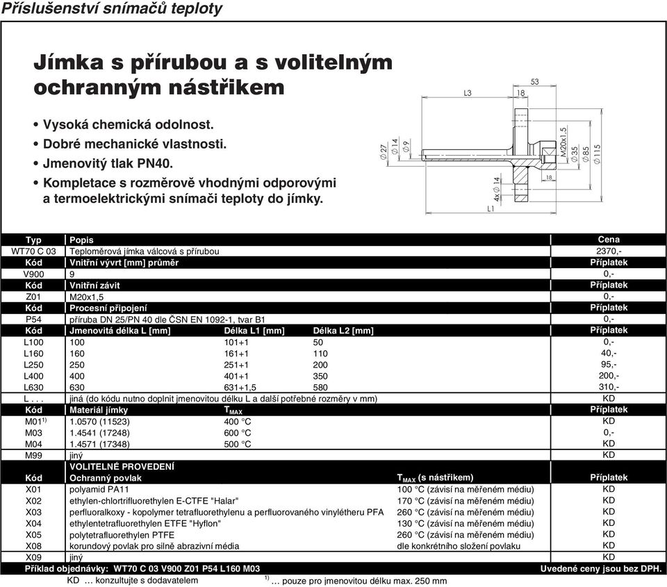 WT70 C 03 Teploměrová jímka válcová s přírubou V900 9 Z01 M20x1,5 P54 příruba DN 25/PN 40 dle ČSN EN 1092-1, tvar B1 Kód Jmenovitá délka L [mm] Délka L1 [mm] Délka L2 [mm] L100 100 101+1 50 L160 160