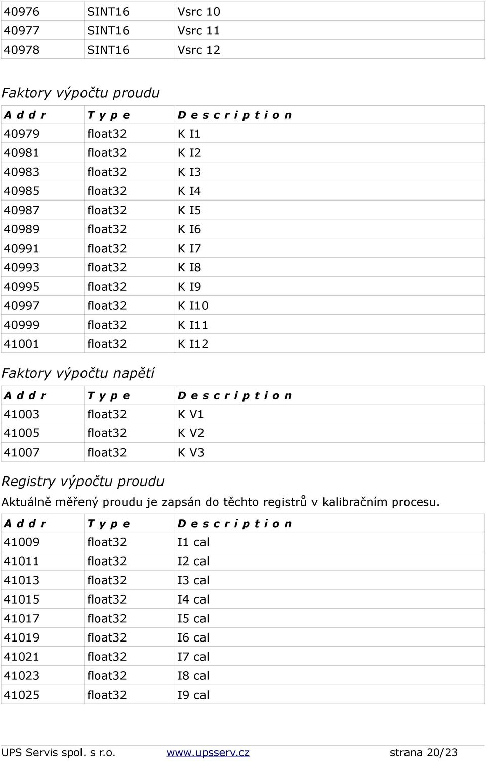 K V1 41005 K V2 41007 K V3 Registry výpočtu proudu Aktuálně měřený proudu je zapsán do těchto registrů v kalibračním procesu.