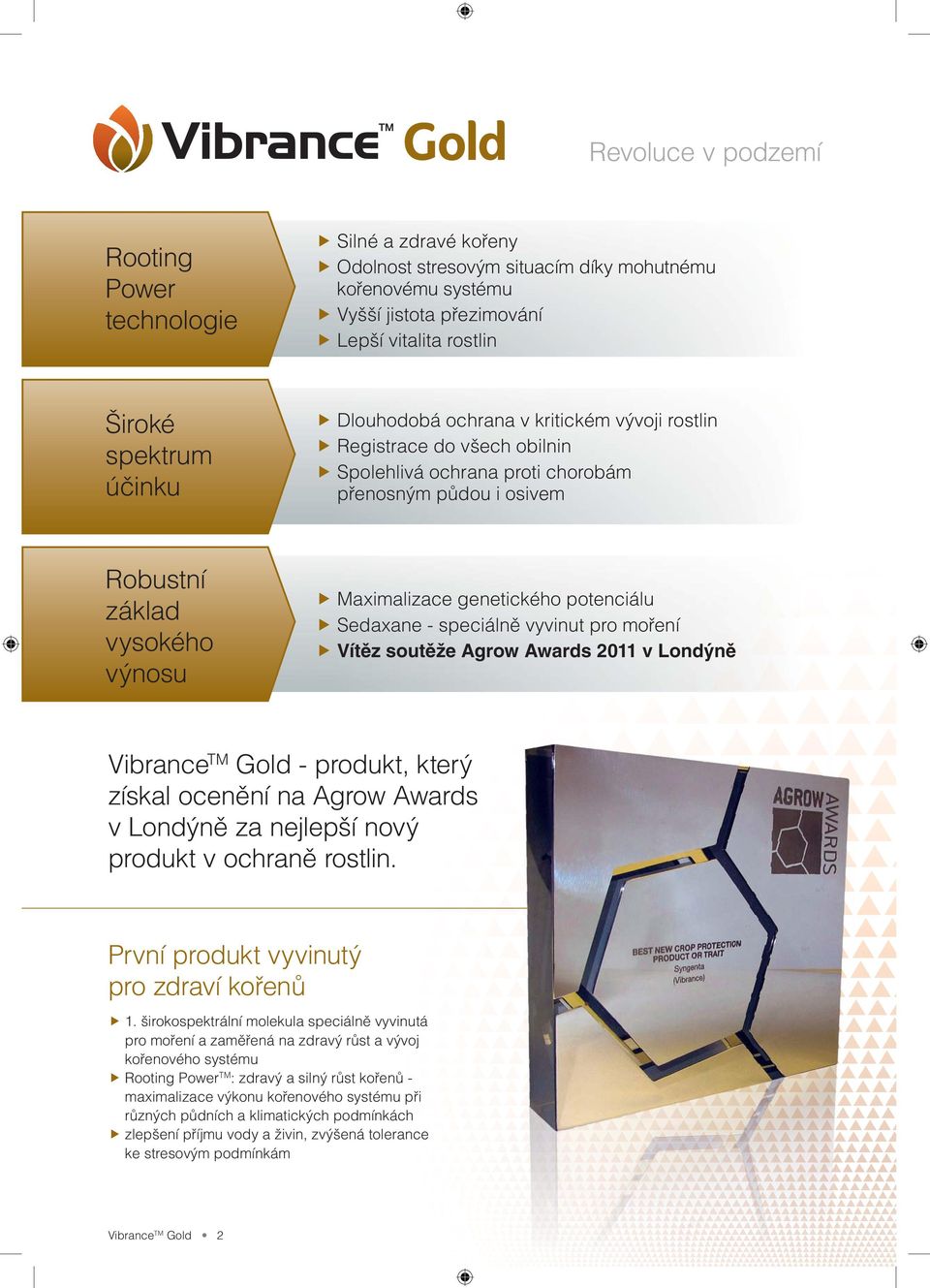 potenciálu Sedaxane - speciálně vyvinut pro moření Vítěz soutěže Agrow Awards 2011 v Londýně Vibrance TM Gold - produkt, který získal ocenění na Agrow Awards v Londýně za nejlepší nový produkt v