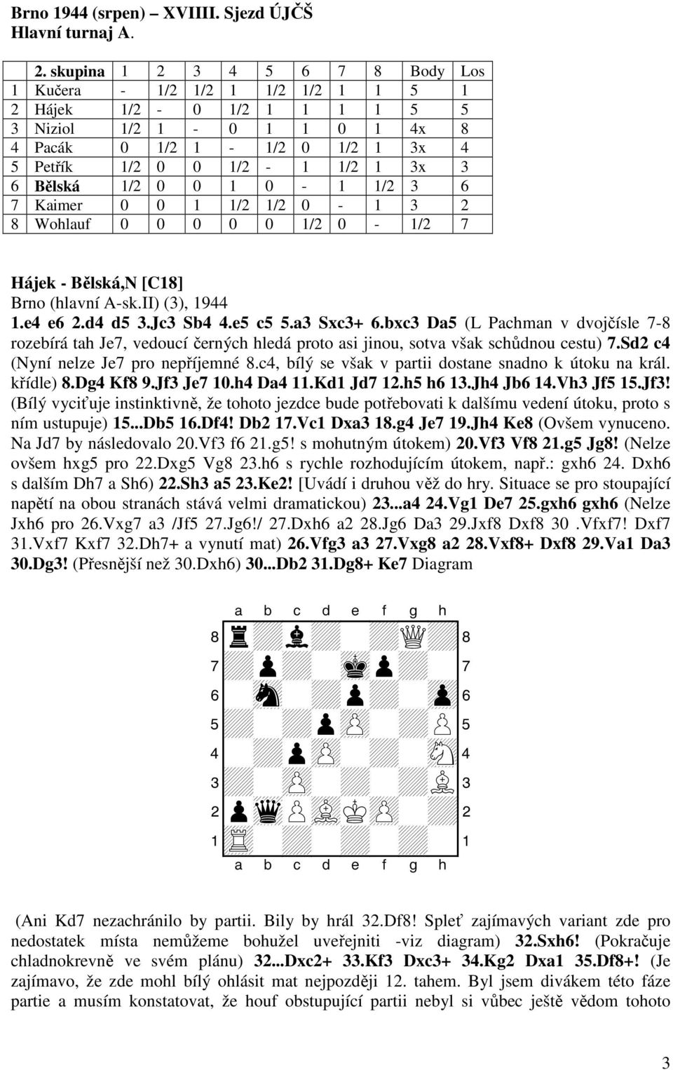 Bělská 1/2 0 0 1 0-1 1/2 3 6 7 Kaimer 0 0 1 1/2 1/2 0-1 3 2 8 Wohlauf 0 0 0 0 0 1/2 0-1/2 7 Hájek - Bělská,N [C18] Brno (hlavní A-sk.II) (3), 1944 1.e4 e6 2.d4 d5 3.Jc3 Sb4 4.e5 c5 5.a3 Sxc3+ 6.