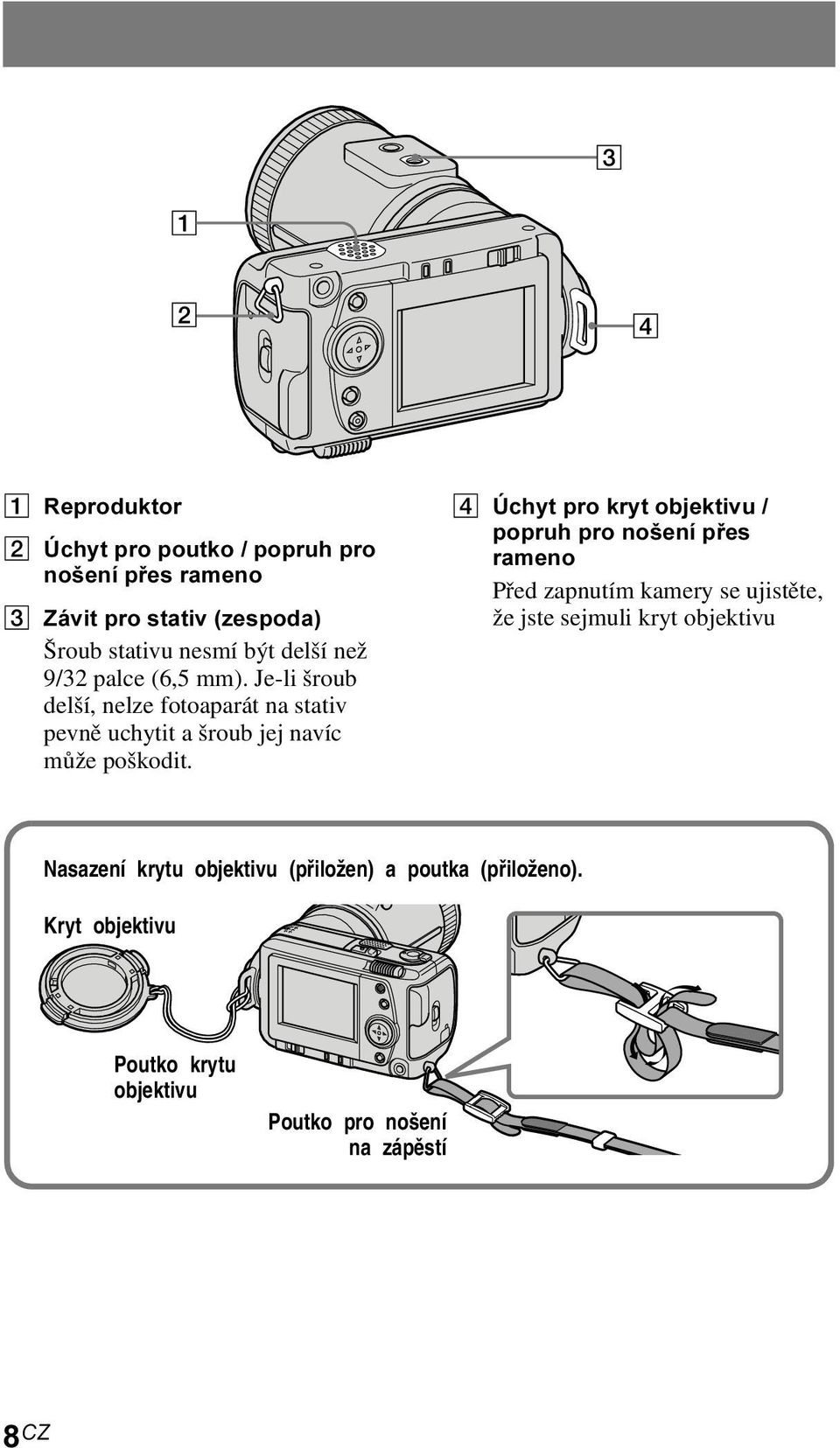 D Úchyt pro kryt objektivu / popruh pro nošení přes rameno Před zapnutím kamery se ujistěte, že jste sejmuli kryt objektivu