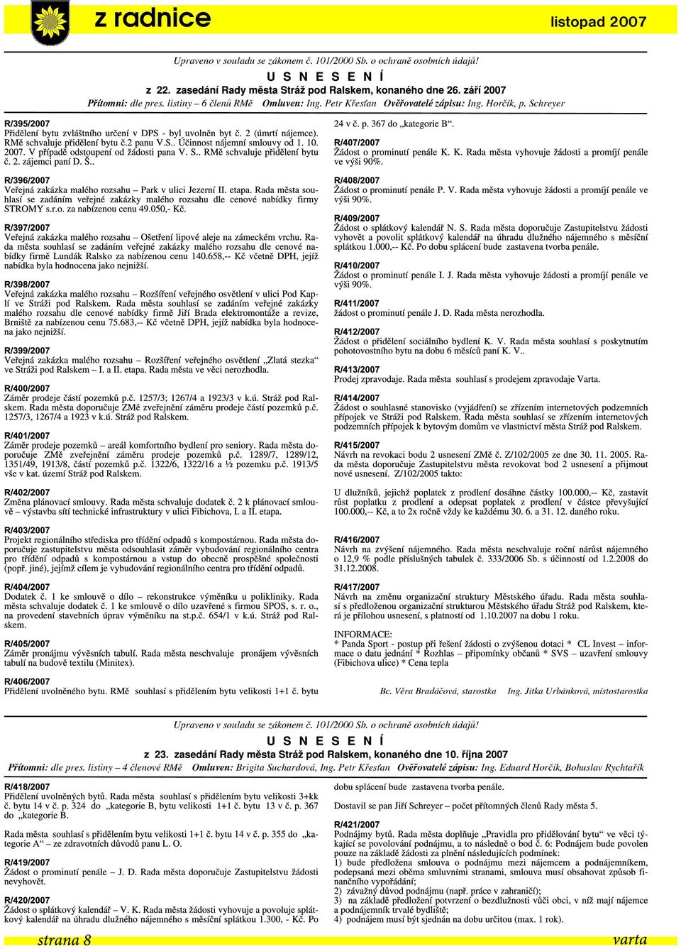 Věra Bradáčová, starostk a Ing. Jitk a Urbánk ová, m ístostarostk a Uprave no v souladu se zák one m č. 101/2000 Sb.