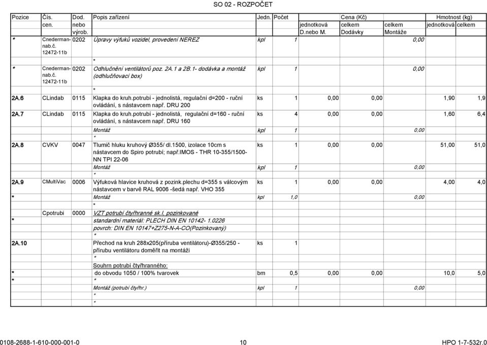 potrubí - jednolistá, regulační d=160 - ruční ks 4 0,00 0,00 1,60 6,4 ovládání, s nástavcem např. DRU 160 Montáž kpl 1 0,00 2A.8 CVKV 0047 Tlumič hluku kruhový Ø355/ dl.