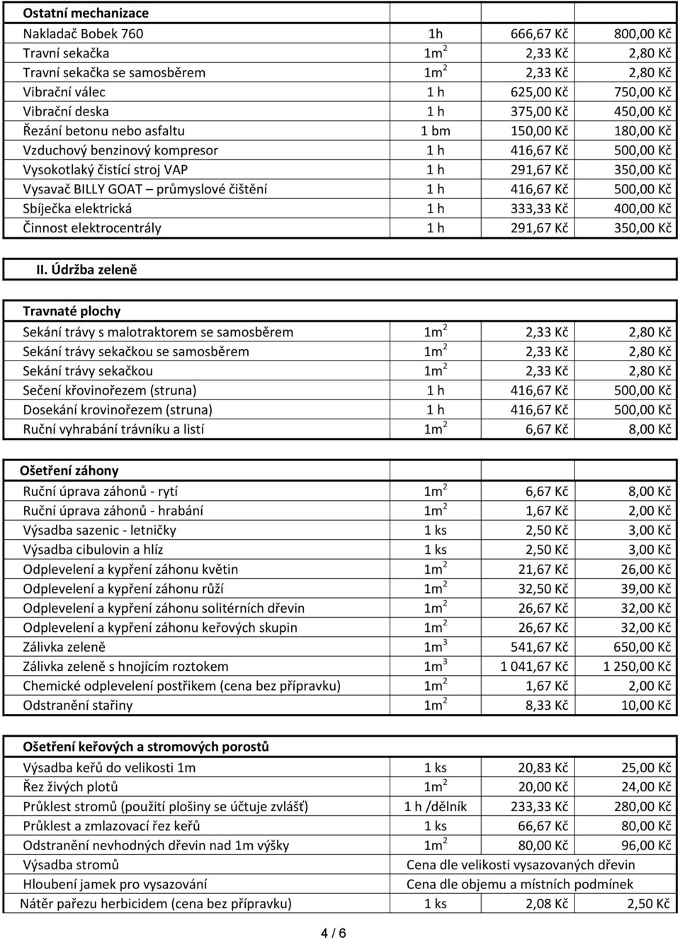 BILLY GOAT průmyslové čištění 1 h 416,67 Kč 500,00 Kč Sbíječka elektrická 1 h 333,33 Kč 400,00 Kč Činnost elektrocentrály 1 h 291,67 Kč 350,00 Kč II.
