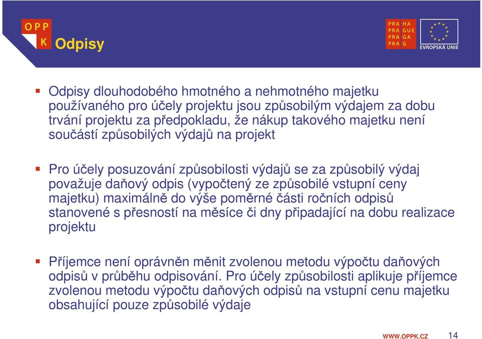 maximálně do výše poměrné části ročních odpisů stanovené s přesností na měsíce či dny připadající na dobu realizace projektu Příjemce není oprávněn měnit zvolenou metodu výpočtu