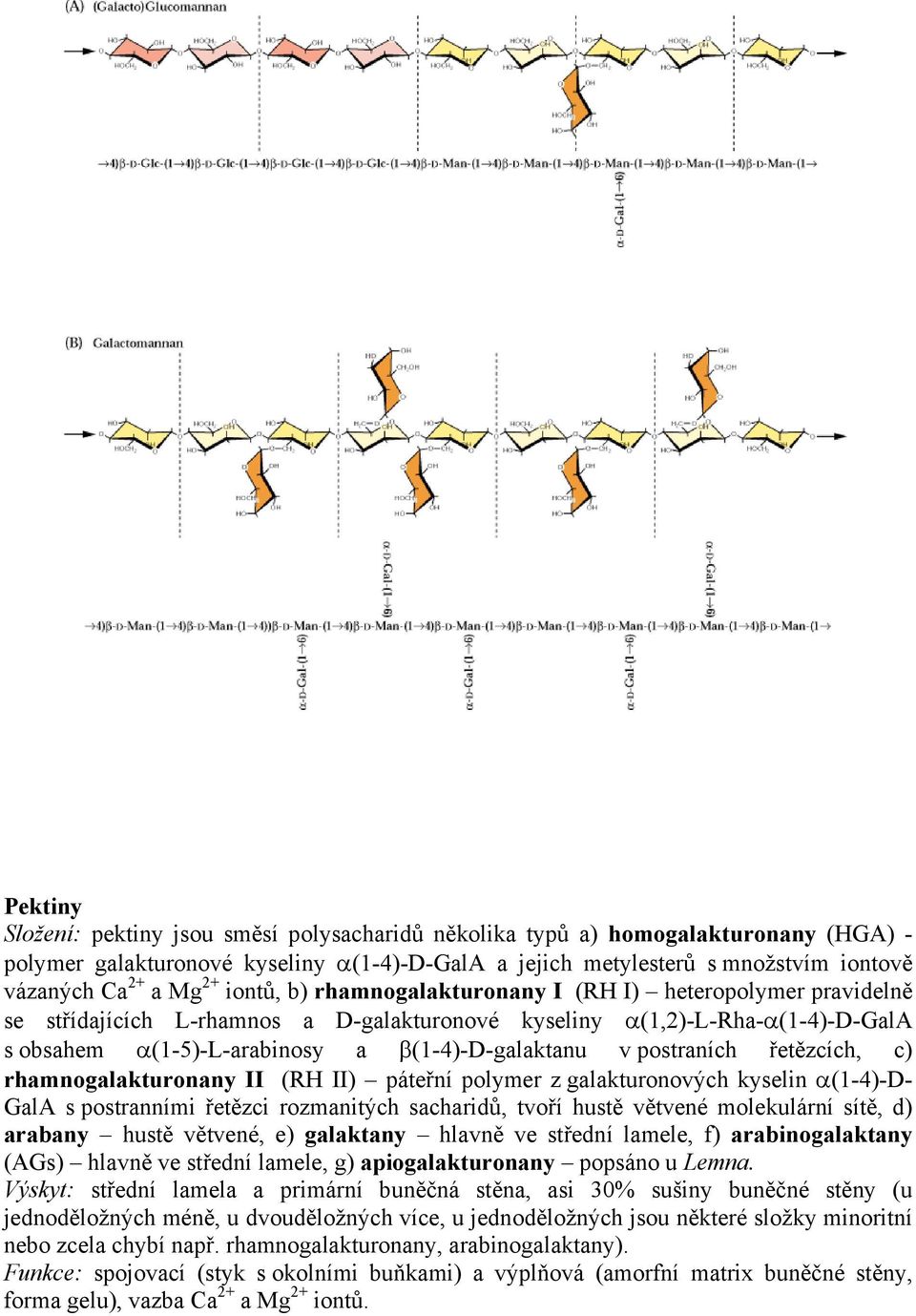 postraních řetězcích, c) rhamnogalakturonany II (RH II) páteřní polymer z galakturonových kyselin α(1-4)-d- GalA s postranními řetězci rozmanitých sacharidů, tvoří hustě větvené molekulární sítě, d)