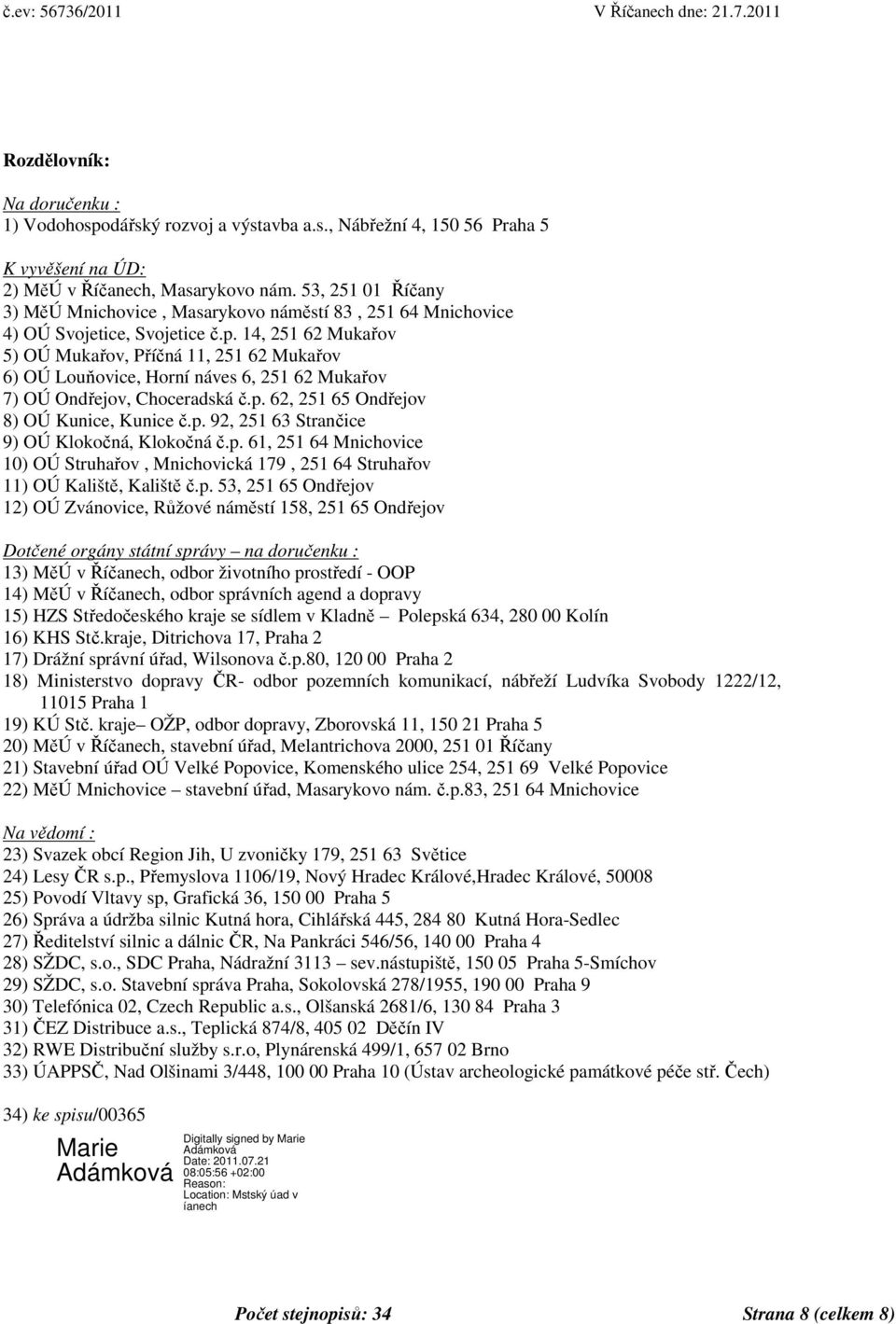 14, 251 62 Mukařov 5) OÚ Mukařov, Příčná 11, 251 62 Mukařov 6) OÚ Louňovice, Horní náves 6, 251 62 Mukařov 7) OÚ Ondřejov, Choceradská č.p. 62, 251 65 Ondřejov 8) OÚ Kunice, Kunice č.p. 92, 251 63 Strančice 9) OÚ Klokočná, Klokočná č.