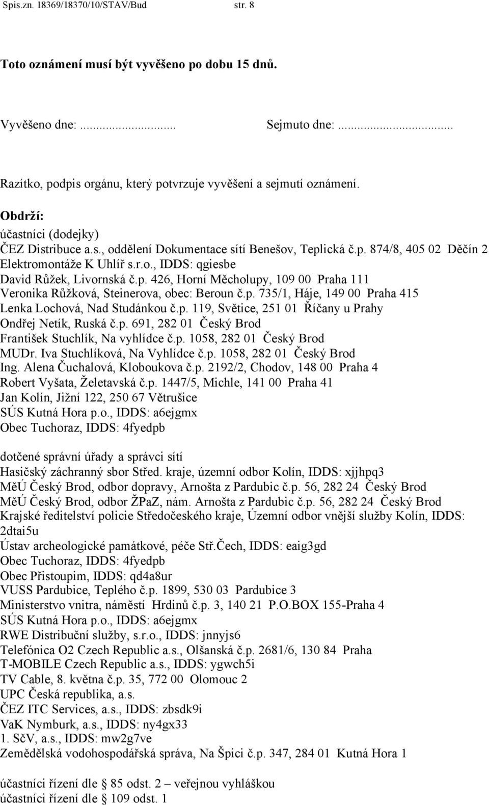 p. 735/1, Háje, 149 00 Praha 415 Lenka Lochová, Nad Studánkou č.p. 119, Světice, 251 01 Říčany u Prahy Ondřej Netík, Ruská č.p. 691, 282 01 Český Brod František Stuchlík, Na vyhlídce č.p. 1058, 282 01 Český Brod MUDr.