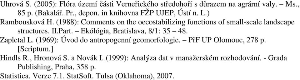 Part. Ekólógia, Bratislava, 8/1: 35 48. Zapletal L. (1969): Úvod do antropogenní geomorfologie. PřF UP Olomouc, 278 p. [Scriptum.] Hindls R.