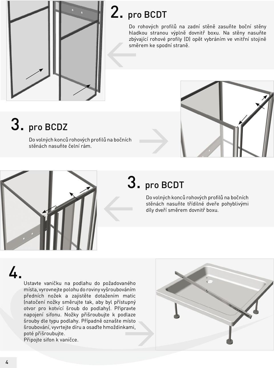 pro BCDT Do volných konců rohových profilů na bočních stěnách nasuňte tříilné veře pohyblivými veří směrem ovnitř boxu. 4.