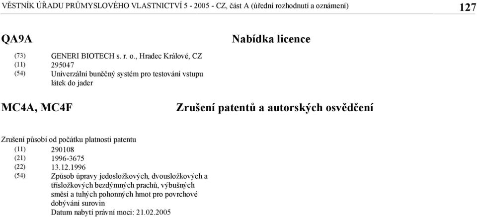 , Hradec Králové, CZ 295047 Univerzální buněčný systém pro testování vstupu látek do jader Nabídka licence MC4A, MC4F Zrušení patentů