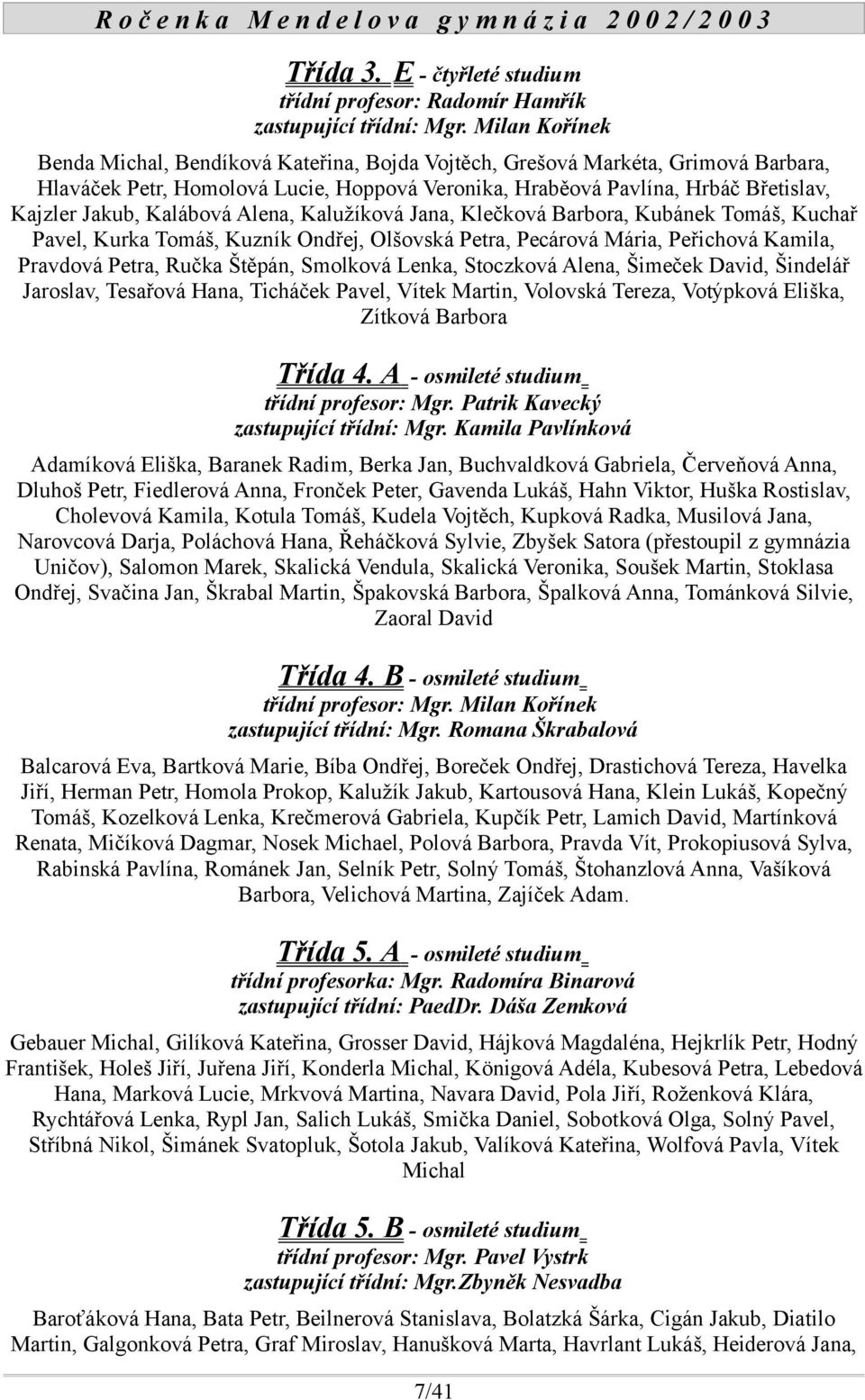 Kalábová Alena, Kalužíková Jana, Klečková Barbora, Kubánek Tomáš, Kuchař Pavel, Kurka Tomáš, Kuzník Ondřej, Olšovská Petra, Pecárová Mária, Peřichová Kamila, Pravdová Petra, Ručka Štěpán, Smolková