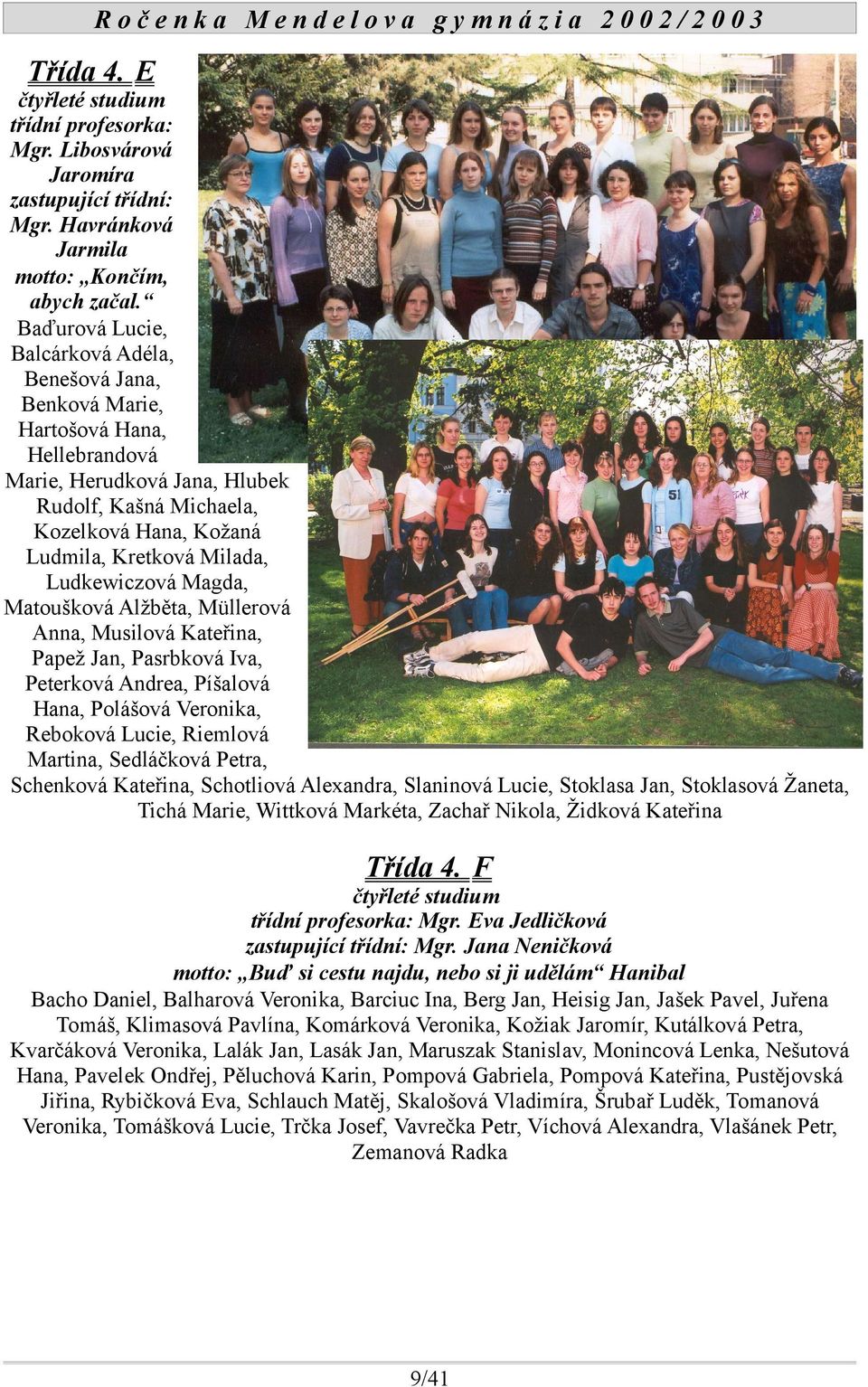 Ludkewiczová Magda, Matoušková Alžběta, Müllerová Anna, Musilová Kateřina, Papež Jan, Pasrbková Iva, Peterková Andrea, Píšalová Hana, Polášová Veronika, Reboková Lucie, Riemlová Martina, Sedláčková