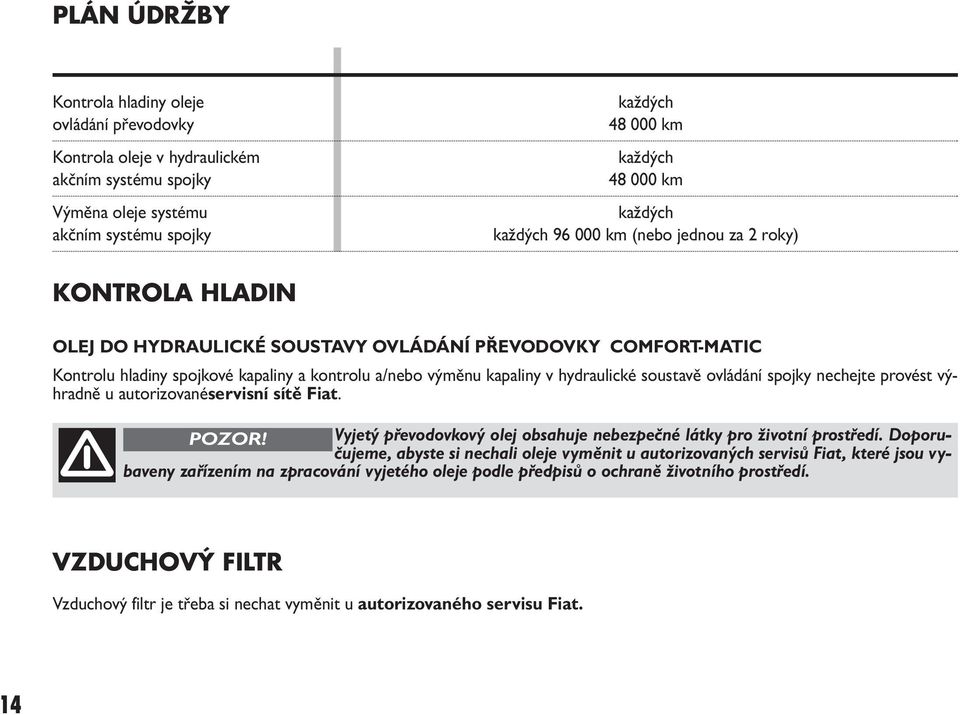 hydraulické soustavě ovládání spojky nechejte provést výhradně u autorizovanéservisní sítě Fiat. POZOR! Vyjetý převodovkový olej obsahuje nebezpečné látky pro životní prostředí.