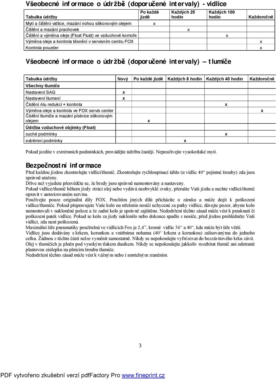 intervaly) tlumiče Tabulka údržby Nový Po každé jízdě Každých 8 hodin Každých 40 hodin Každoročně Všechny tlumiče Nastavení SAG Nastavení tlumení Čistění Alu redukcí + kontrola Výměna oleje a