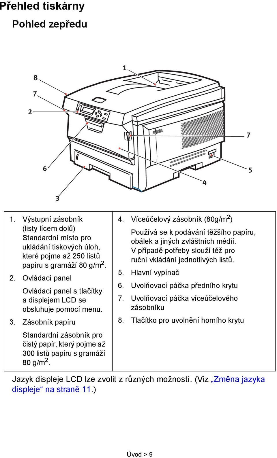 Víceúčelový zásobník (80g/m 2 ) Používá se k podávání těžšího papíru, obálek a jiných zvláštních médií. Vpřípadě potřeby slouží též pro ruční vkládání jednotlivých listů. 5. Hlavní vypínač 6.