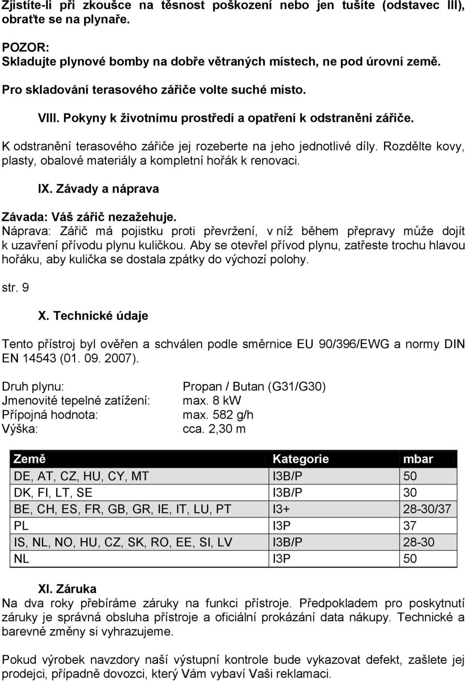 Rozdělte kovy, plasty, obalové materiály a kompletní hořák k renovaci. IX. Závady a náprava Závada: Váš zářič nezažehuje.