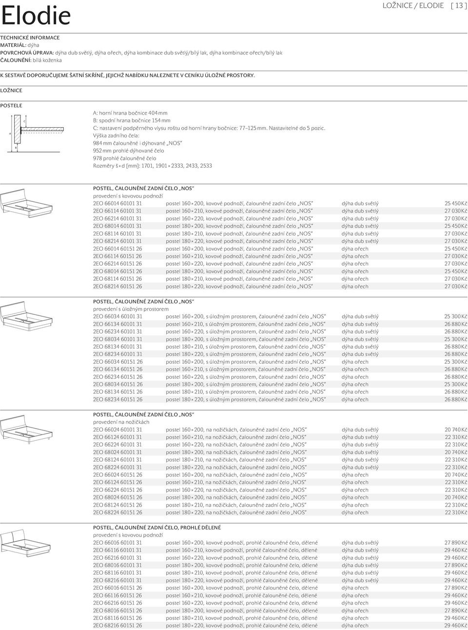 LOŽNICE POSTELE C A B A: horní hrana bočnice 404 mm B: spodní hrana bočnice 154 mm C: nastavení podpěrného vlysu roštu od horní hrany bočnice: 77 125 mm. Nastavitelné do 5 pozic.