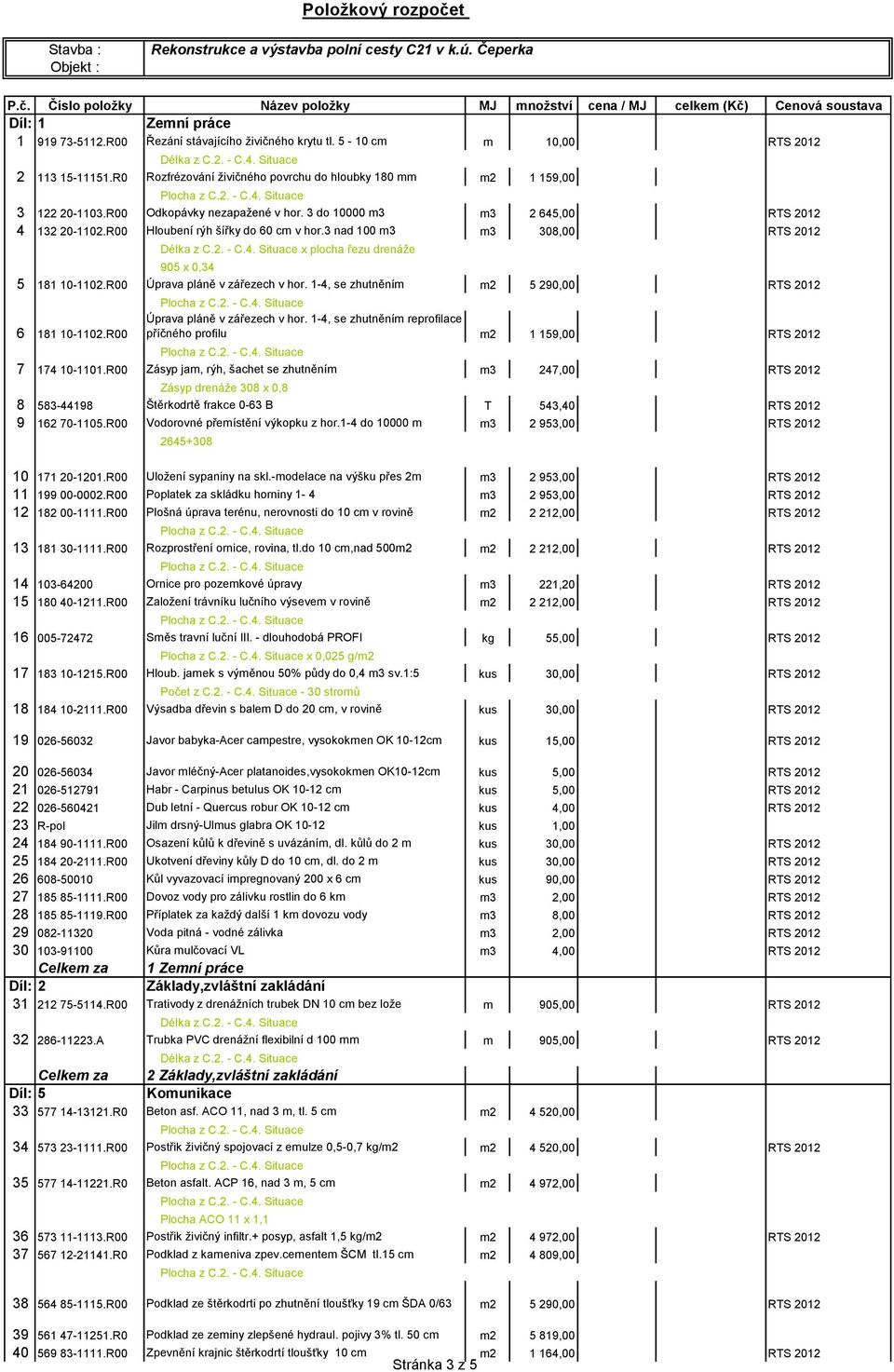 R00 Odkopávky nezapažené v hor. 3 do 10000 m3 m3 2 645,00 RTS 2012 4 132 20-1102.R00 Hloubení rýh šířky do 60 cm v hor.3 nad 100 m3 m3 308,00 RTS 2012 905 x 0,34 5 181 10-1102.