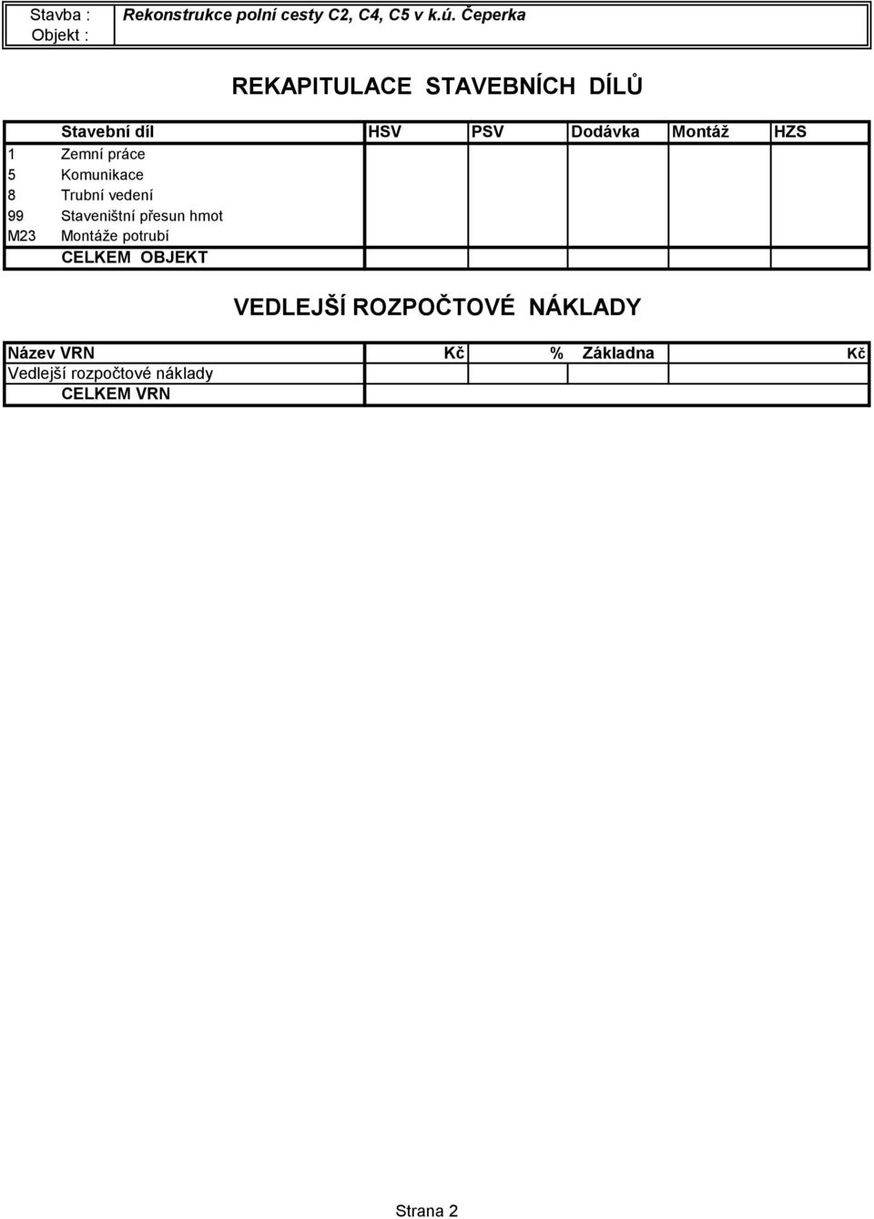 Zemní práce 5 Komunikace 8 Trubní vedení 99 Staveništní přesun hmot M23 Montáže