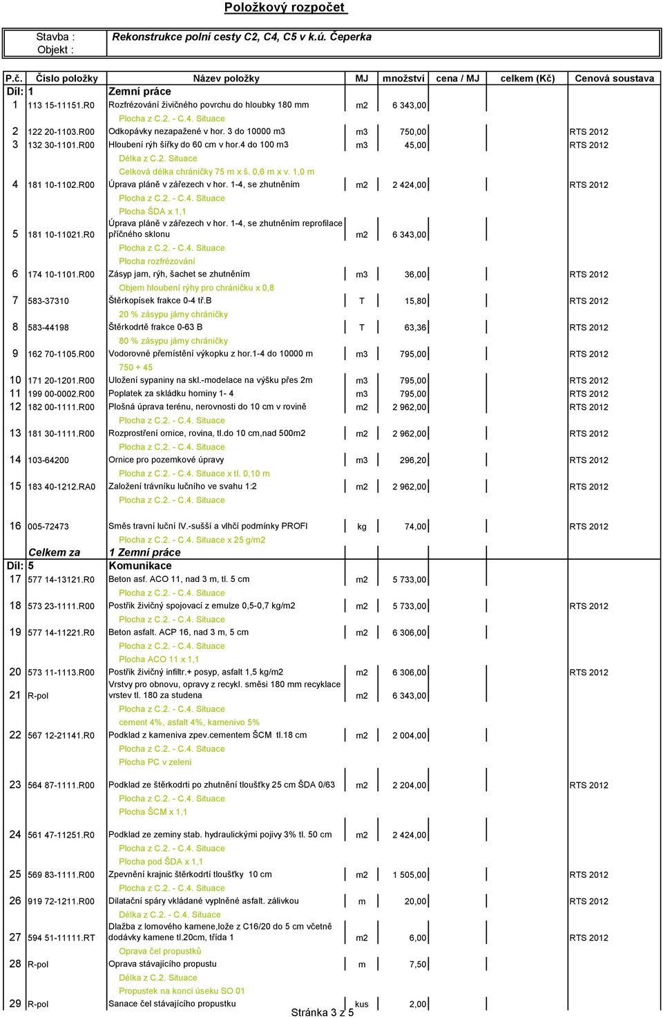4 do 100 m3 m3 45,00 RTS 2012 Celková délka chráničky 75 m x š. 0,6 m x v. 1,0 m 4 181 10-1102.R00 Úprava pláně v zářezech v hor. 1-4, se zhutněním m2 2 424,00 RTS 2012 5 181 10-11021.R0 Délka z C.2. Situace Plocha ŠDA x 1,1 Úprava pláně v zářezech v hor.