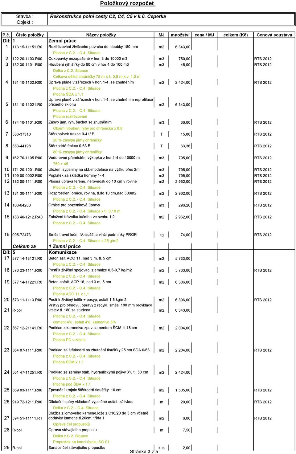 4 do 100 m3 m3 45,00 RTS 2012 Celková délka chráničky 75 m x š. 0,6 m x v. 1,0 m 4 181 10-1102.R00 Úprava pláně v zářezech v hor. 1-4, se zhutněním m2 2 424,00 RTS 2012 5 181 10-11021.R0 Délka z C.2. Situace Plocha ŠDA x 1,1 Úprava pláně v zářezech v hor.