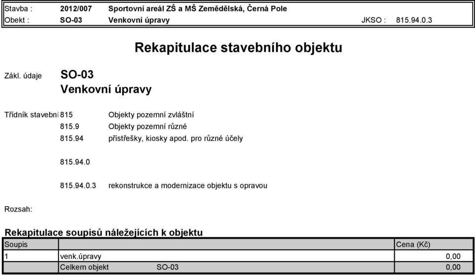 94 přístřešky, kiosky apod. pro různé účely 815.94.0 