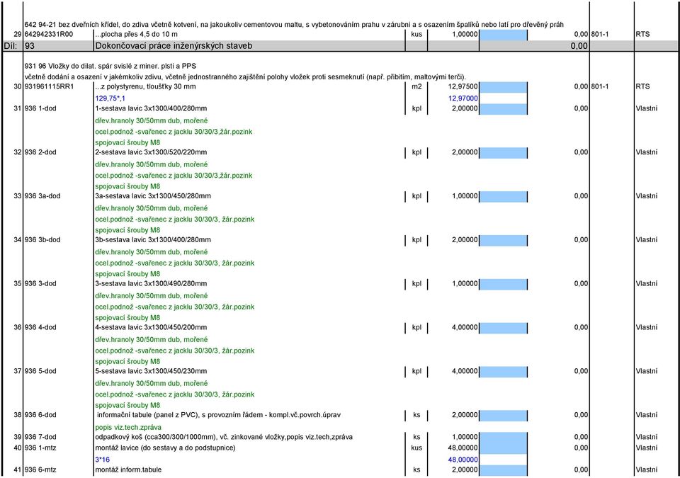 plsti a PPS včetně dodání a osazení v jakémkoliv zdivu, včetně jednostranného zajištění polohy vložek proti sesmeknutí (např. přibitím, maltovými terči). 30 931961115RR1.