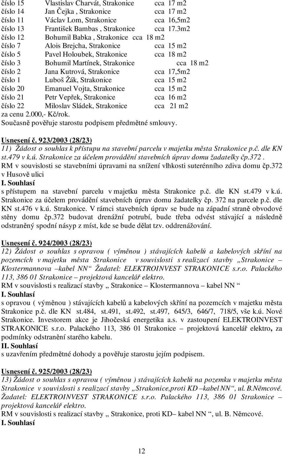 Kutrová, Strakonice cca 17,5m2 číslo 1 Luboš Žák, Strakonice cca 15 m2 číslo 20 Emanuel Vojta, Strakonice cca 15 m2 číslo 21 Petr Vepřek, Strakonice cca 16 m2 číslo 22 Miloslav Sládek, Strakonice cca