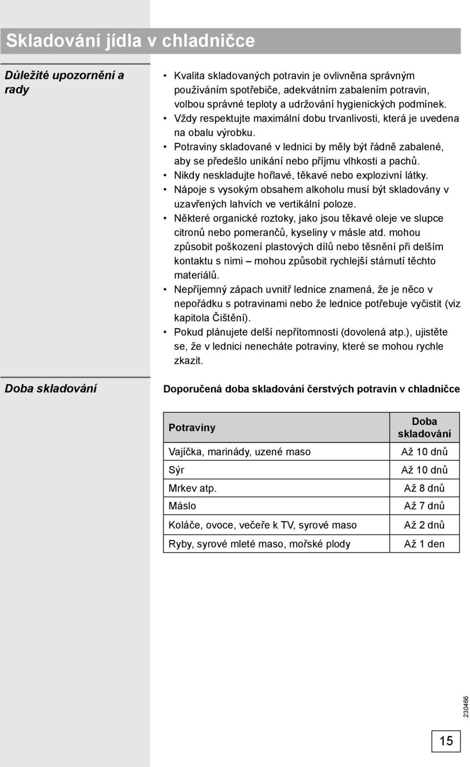 Potraviny skladované v lednici by měly být řádně zabalené, aby se předešlo unikání nebo příjmu vlhkosti a pachů. Nikdy neskladujte hořlavé, těkavé nebo explozivní látky.