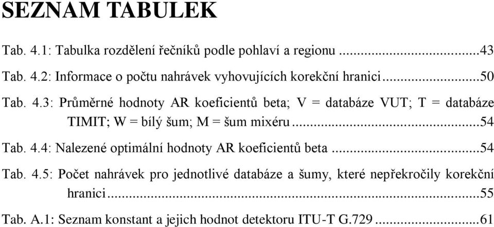 .. 54 Tab. 4.4: Nalezené optimální hodnoty AR koeficientů beta... 54 Tab. 4.5: Počet nahrávek pro jednotlivé databáze a šumy, které nepřekročily korekční hranici.