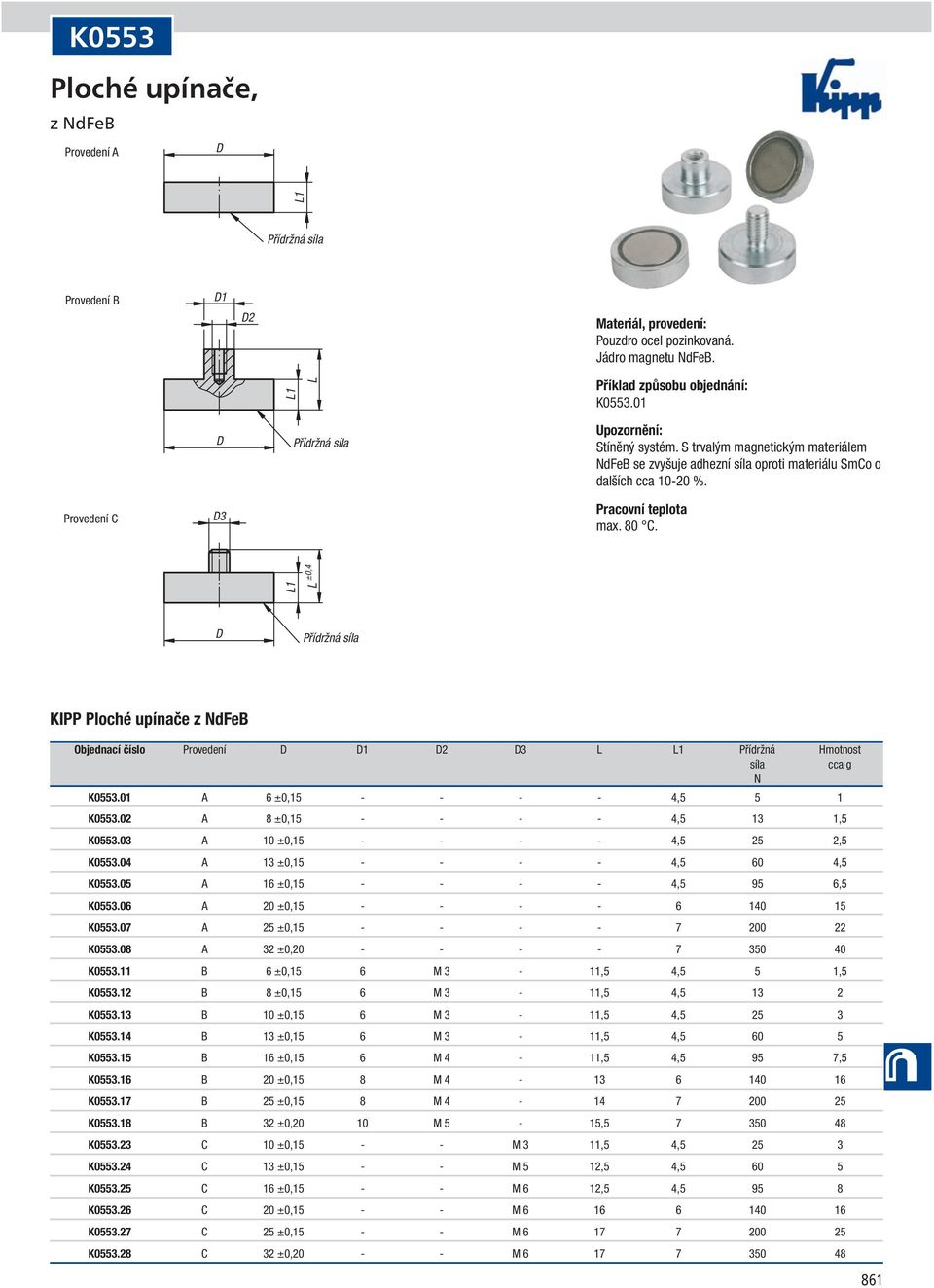 1 ±0,4 Přídržná KIPP Ploché upínače z dfeb Objednací číslo Provedení 1 2 3 1 Přídržná motnost K0553.01 A 6 ±0,15 - - - - 4,5 5 1 K0553.02 A 8 ±0,15 - - - - 4,5 13 1,5 K0553.