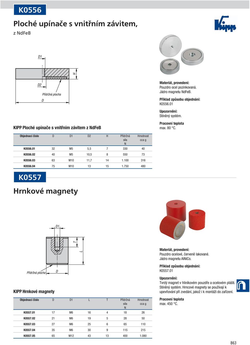 750 480 K0557 rnkové magnety 1 T Pouzdro ocelové, červeně lakované. Jádro magnetu AliCo. KIPP rnkové magnety Objednací číslo 1 T Přídržná motnost K0557.01 17 M6 16 4 18 26 K0557.