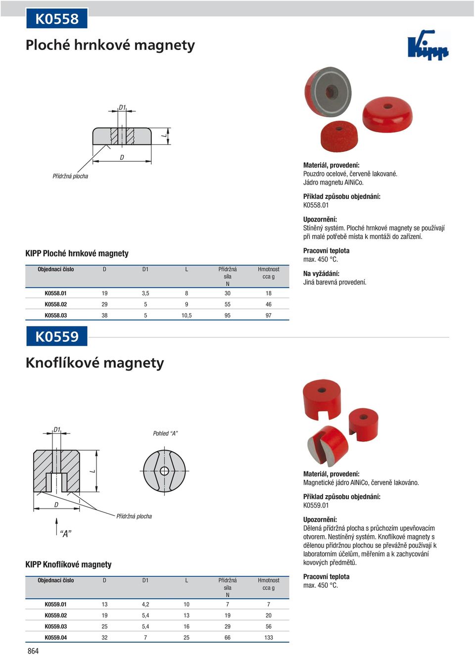 K0559 Knoflíkové magnety 1 Pohled A Magnetické jádro AliCo, červeně lakováno. A KIPP Knoflíkové magnety 864 Objednací číslo 1 Přídržná motnost K0559.01 13 4,2 10 7 7 K0559.02 19 5,4 13 19 20 K0559.