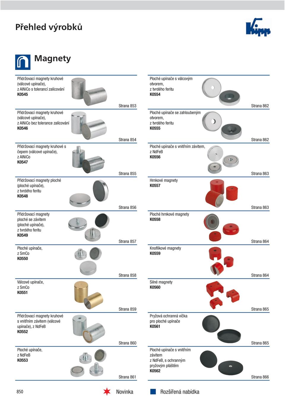 (válcové upínače), z AliCo K0547 Ploché upínače s vnitřním závitem, z dfeb K0556 Strana 855 Strana 863 Přidržovací magnety ploché (ploché upínače), z tvrdého feritu K0548 rnkové magnety K0557 Strana