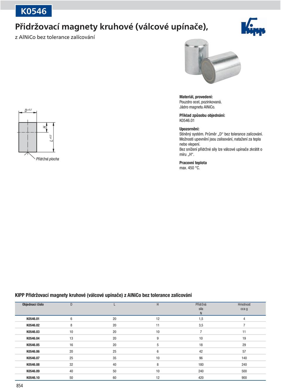 KIPP Přidržovací magnety kruhové (válcové upínače) z AliCo bez tolerance zalícování 854 Objednací číslo Přídržná motnost K0546.01 6 20 12 1,5 4 K0546.02 8 20 11 3,5 7 K0546.