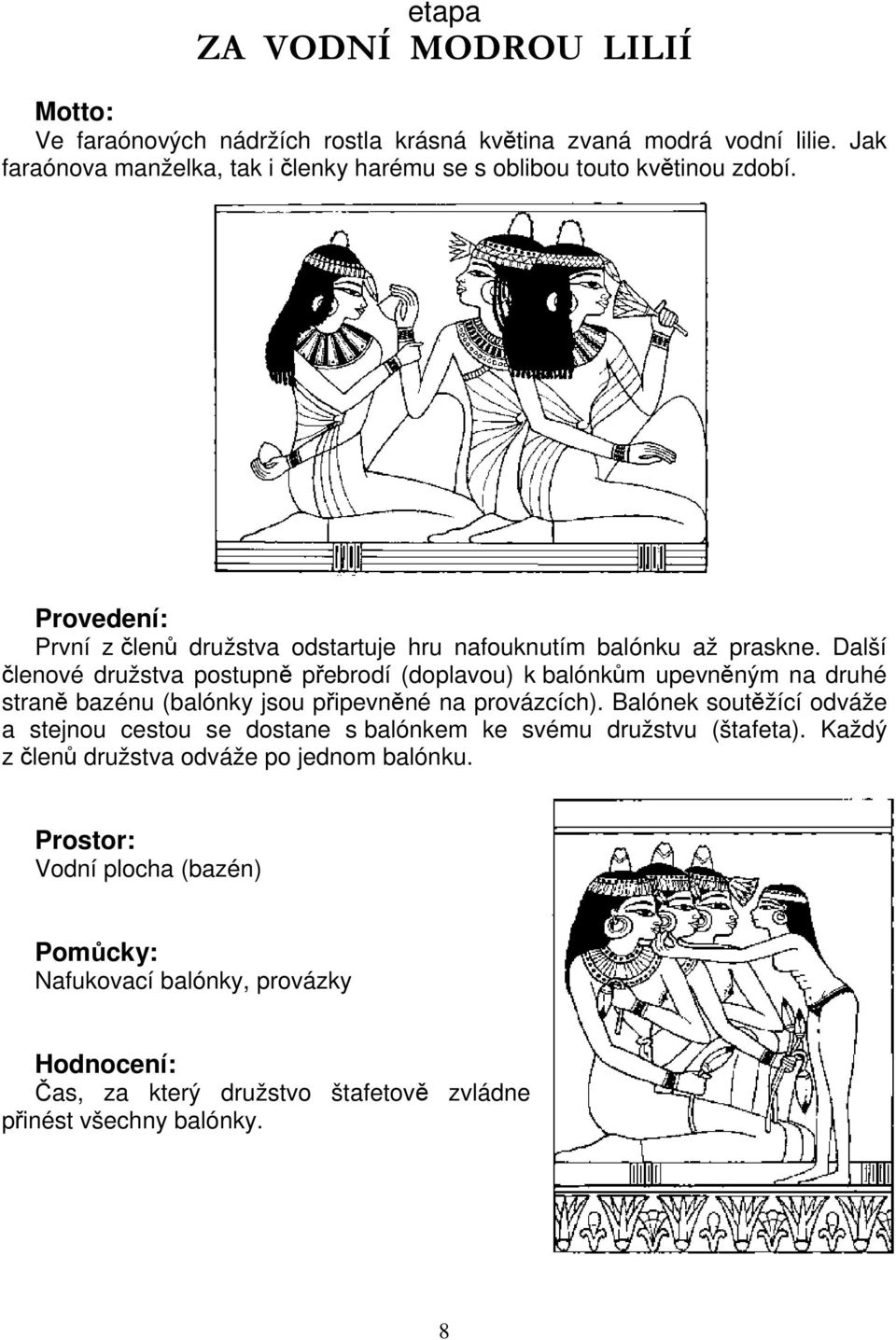 Další členové družstva postupně přebrodí (doplavou) k balónkům upevněným na druhé straně bazénu (balónky jsou připevněné na provázcích).