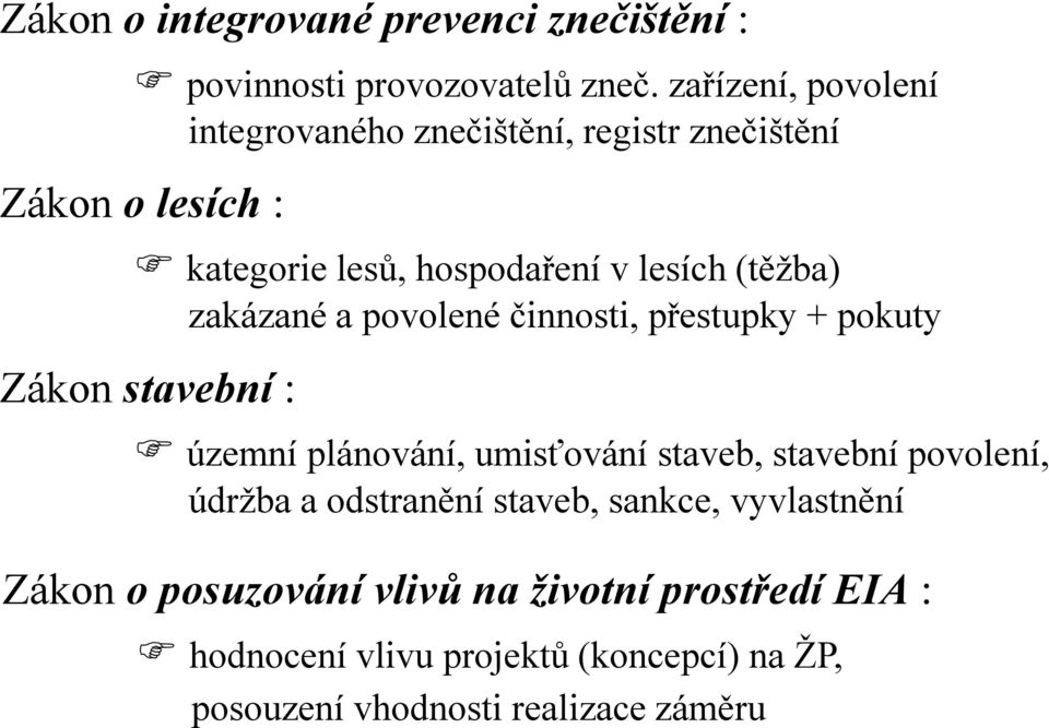 (těžba) zakázané a povolené činnosti, přestupky + pokuty Zákon stavební : územní plánování, umisťování staveb, stavební