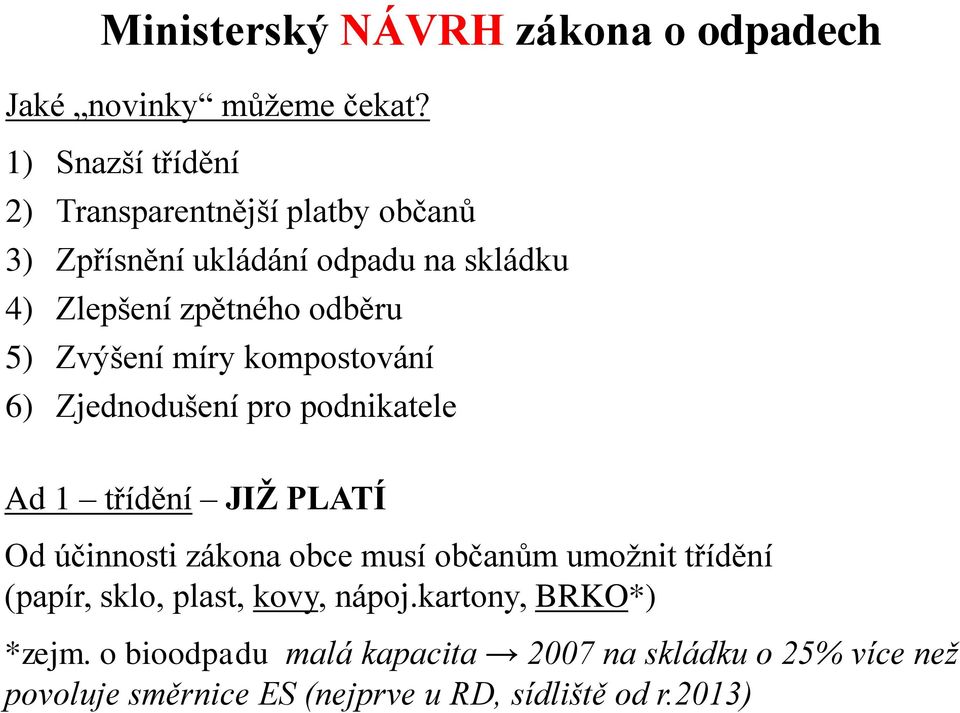 Zvýšení míry kompostování 6) Zjednodušení pro podnikatele Ad 1 třídění JIŽ PLATÍ Od účinnosti zákona obce musí občanům